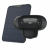 Compact solar-powered camera with dual lenses and a solar panel.