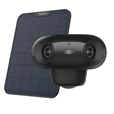 Compact solar-powered camera with dual lenses and a solar panel.