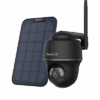 Wireless security camera with solar panel for outdoor use.