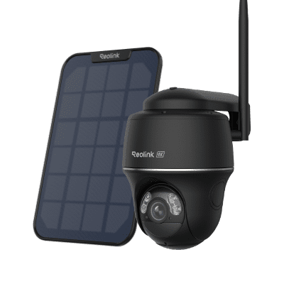 Wireless security camera with solar panel for outdoor use.