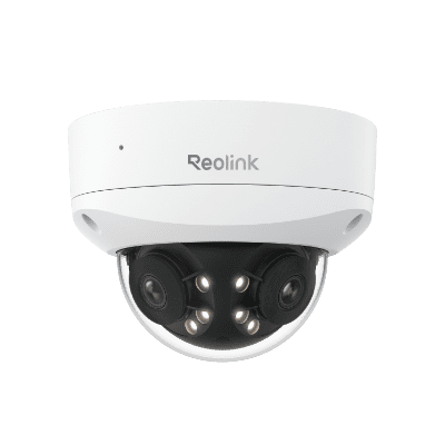 White Reolink dome security camera with four infrared LEDs.