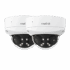 Two white dome security cameras with black lenses and infrared LEDs.