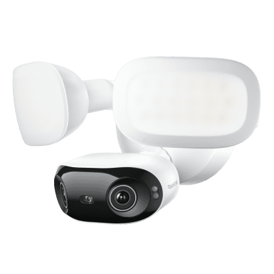 Two white outdoor security cameras and one black indoor camera.