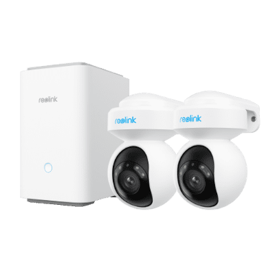 Wireless security camera system with two cameras and a base station.