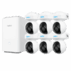 Set of six white security cameras with a central control unit.