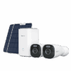 Wireless security camera system with solar panel and two cameras.