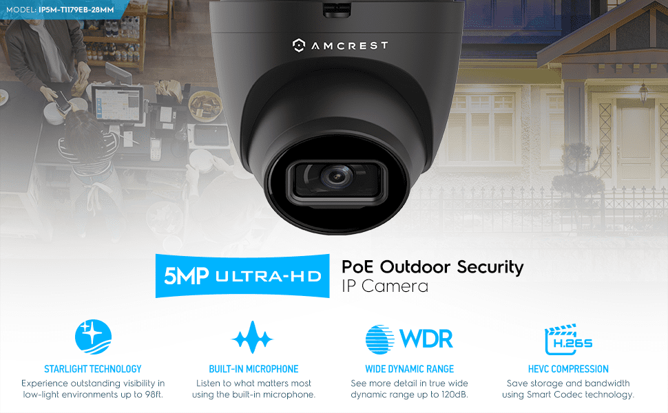 5MP Ultra-HD outdoor security camera with PoE and WDR technology.