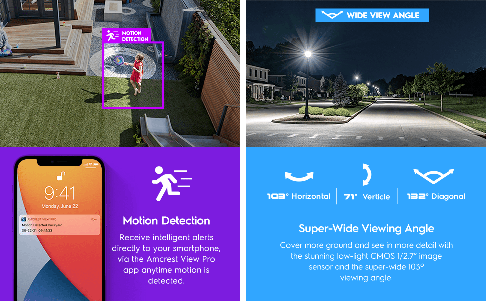 Smart home security system with motion detection and super-wide viewing.