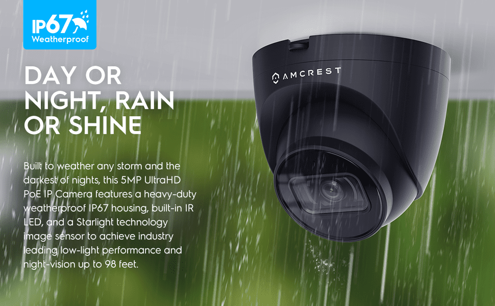 AMCREST security camera with night vision and weatherproof features.