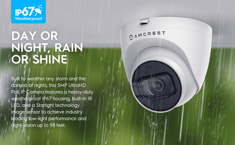 AMCREST security camera capturing footage in rain with 1080p HD clarity.