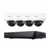 Four white dome security cameras with a black digital video recorder.