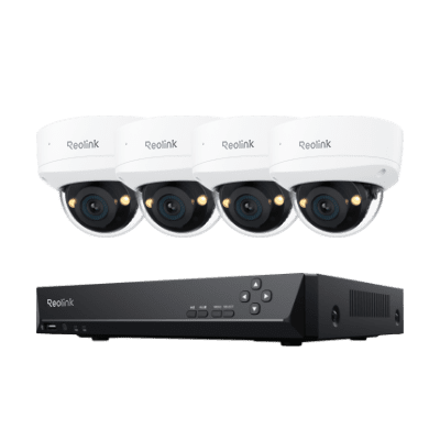Four white dome security cameras with a black digital video recorder.