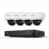 Four white security cameras mounted on a black DVR system.
