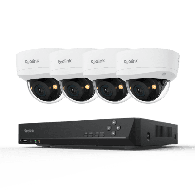 Four white security cameras mounted on a black DVR system.
