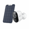 Solar-powered security camera with a solar panel for continuous energy.