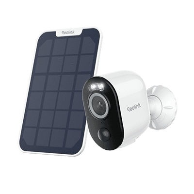 Solar-powered security camera with a solar panel for continuous energy.