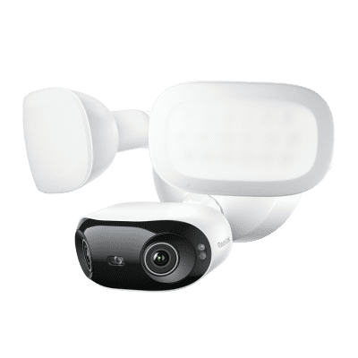 A set of modern security cameras with white and black designs.