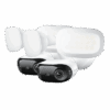 Set of modern white and black security cameras with mounting brackets.