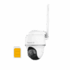 White wireless security camera with an antenna and a SIM card beside it.