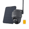 Wireless security camera with solar panel and remote control.