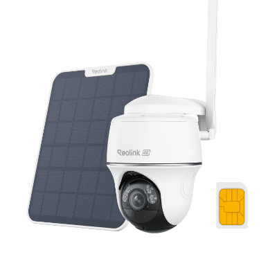 Security camera system with solar panel and SIM card for wireless connectivity.