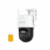 White outdoor security camera with pan-tilt-zoom and remote control.