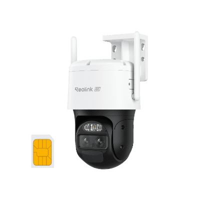 White outdoor security camera with pan-tilt-zoom and remote control.