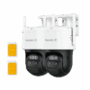 Two white security cameras with dual lenses and two SIM cards beside them.