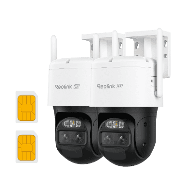 Two white security cameras with dual lenses and two SIM cards beside them.