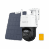 Solar-powered security camera with wireless communication and storage.