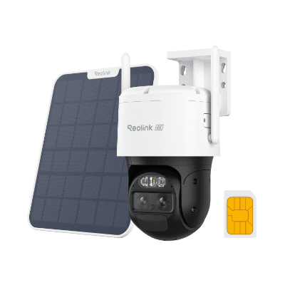 Solar-powered security camera with wireless communication and storage.