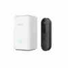 A modern white video doorbell with a rectangular chime box.