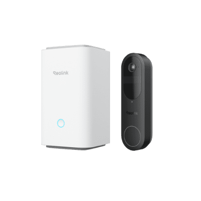 A modern white video doorbell with a rectangular chime box.