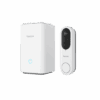 White wireless doorbell with a sleek button and chime unit.