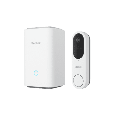White wireless doorbell with a sleek button and chime unit.