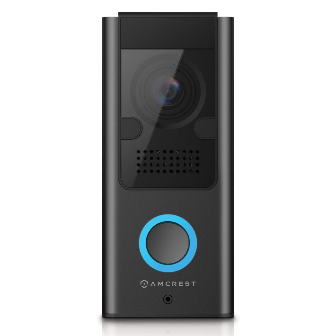 A sleek black video doorbell with a blue ring button and camera.