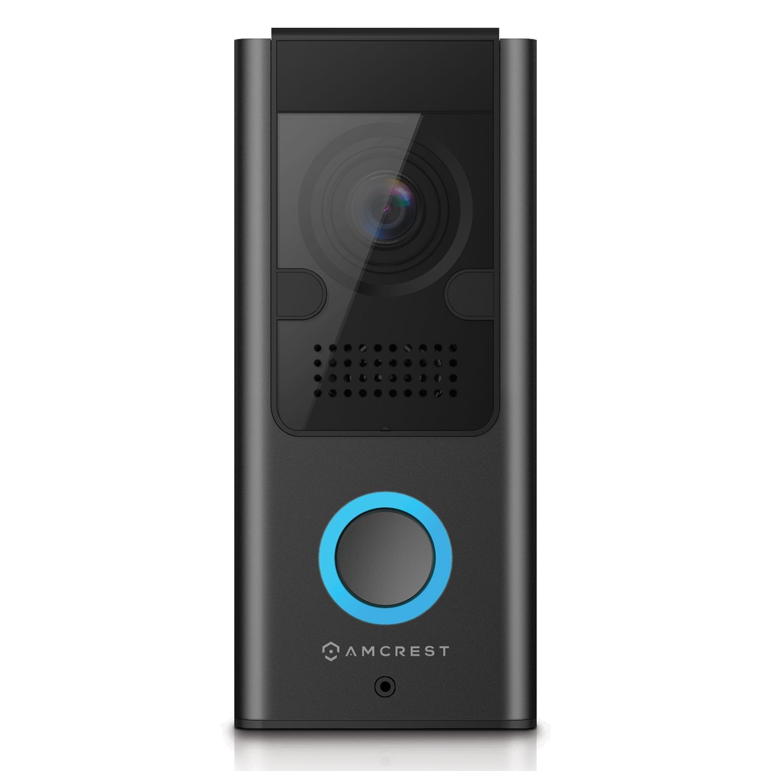 A sleek black video doorbell with a blue ring button and camera.