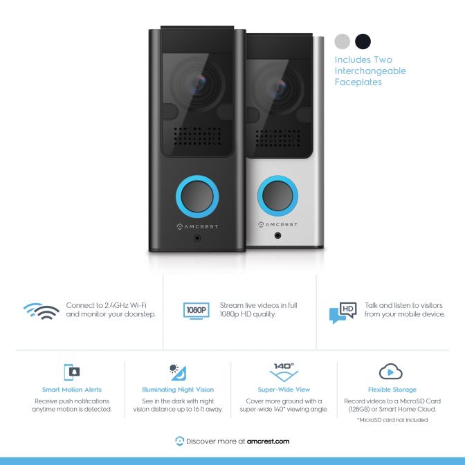 Smart video doorbell with HD camera and night vision in black and white.