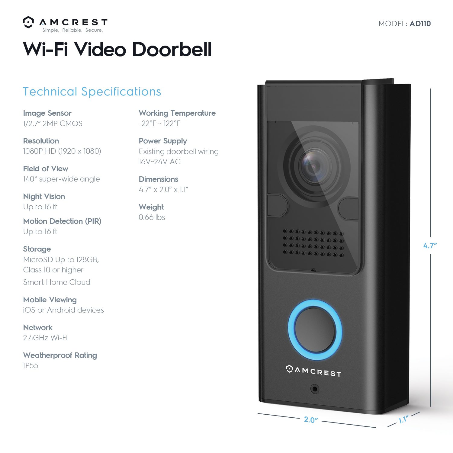 Wi-Fi video doorbell with night vision and two-way audio.