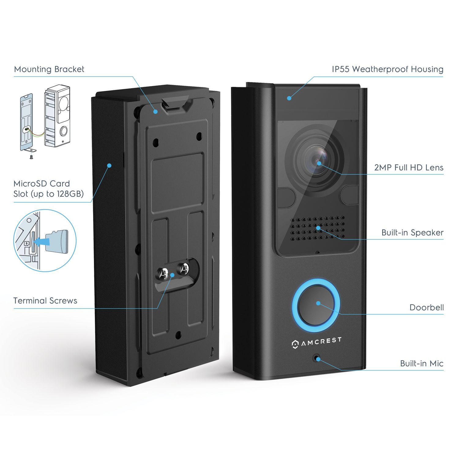Smart video doorbell with HD camera and two-way audio for home security.