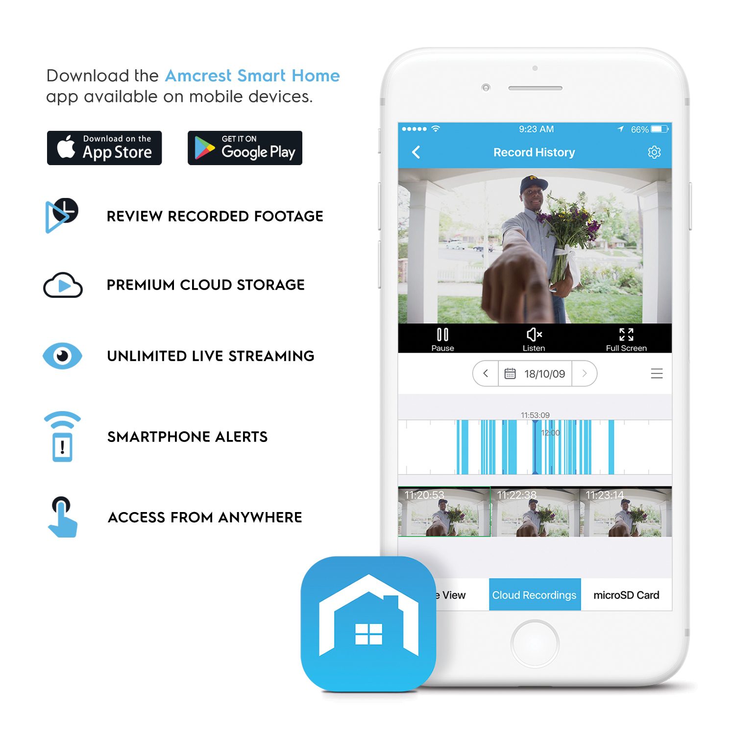 Mobile app features for smart home control displayed on a phone screen.