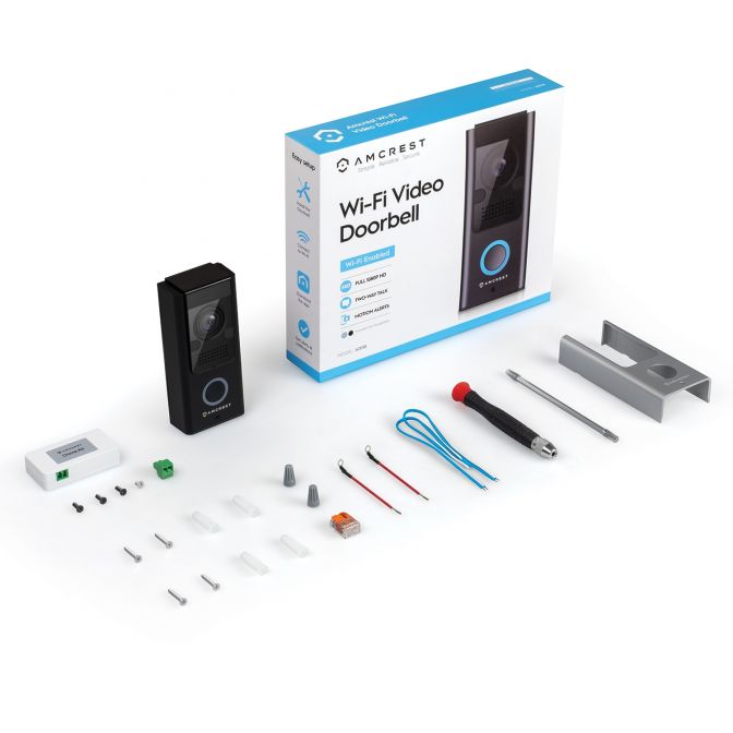 Complete Wi-Fi video doorbell installation kit with components.