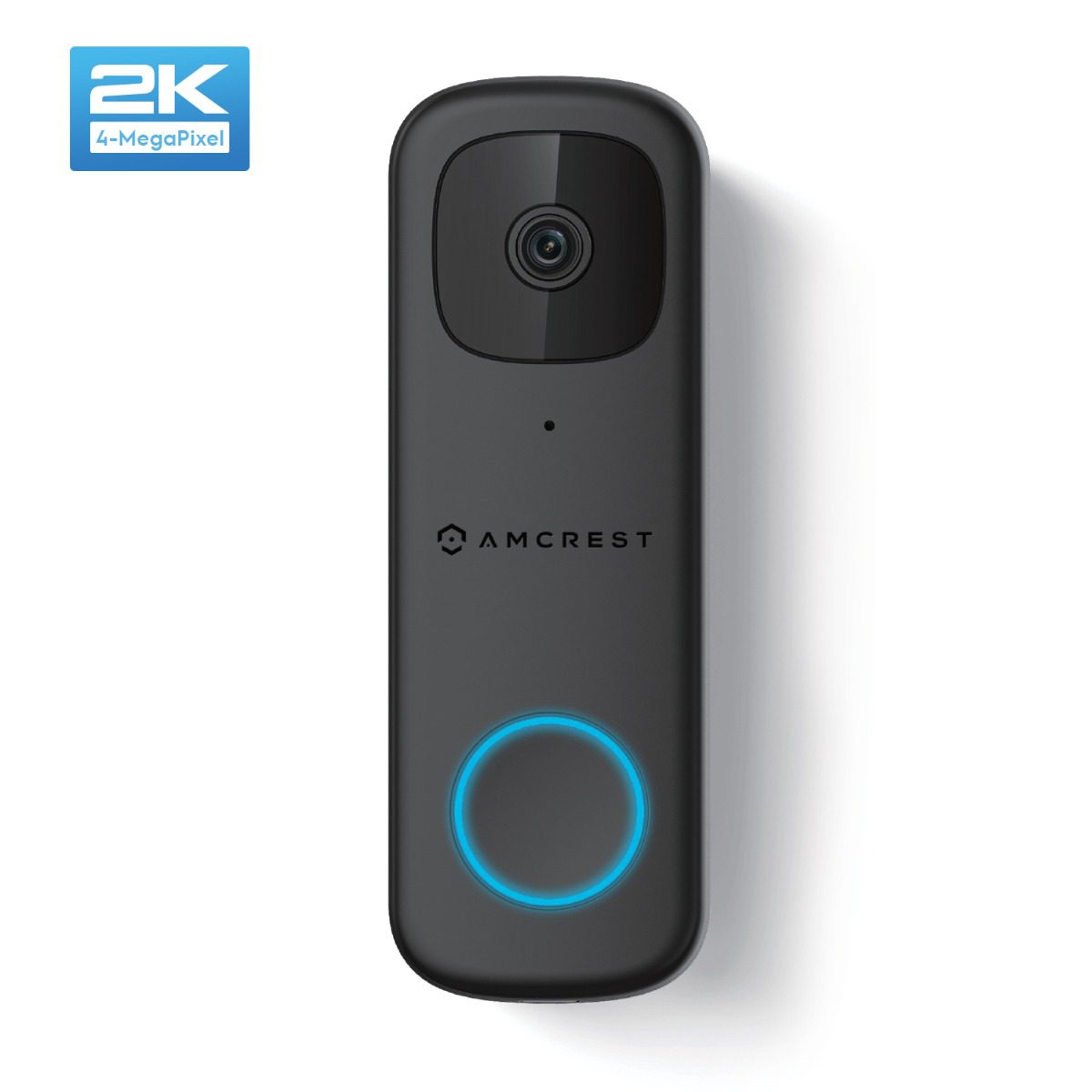 A sleek 2K video doorbell with a glowing blue ring button.