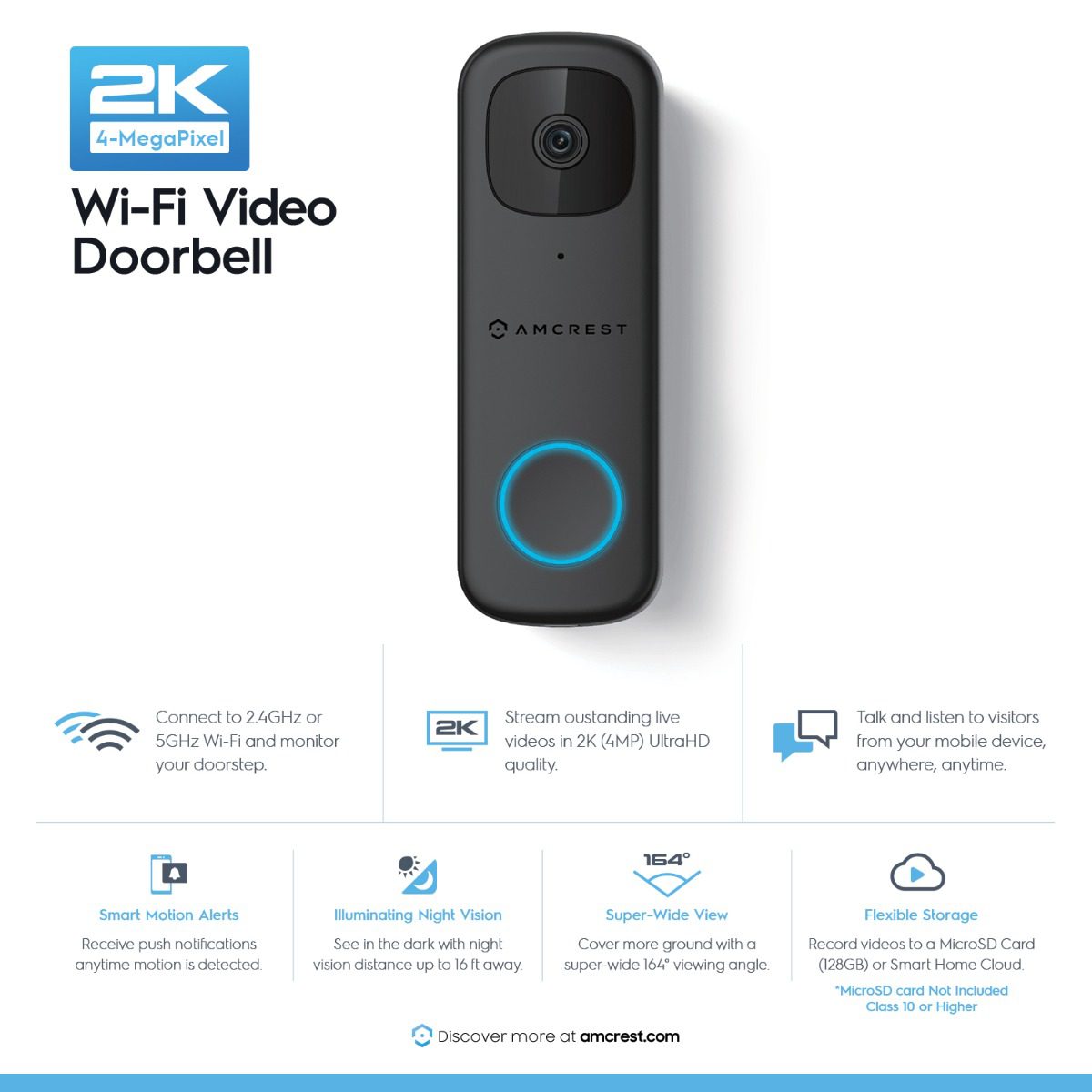 Wi-Fi video doorbell with HD camera and night vision.