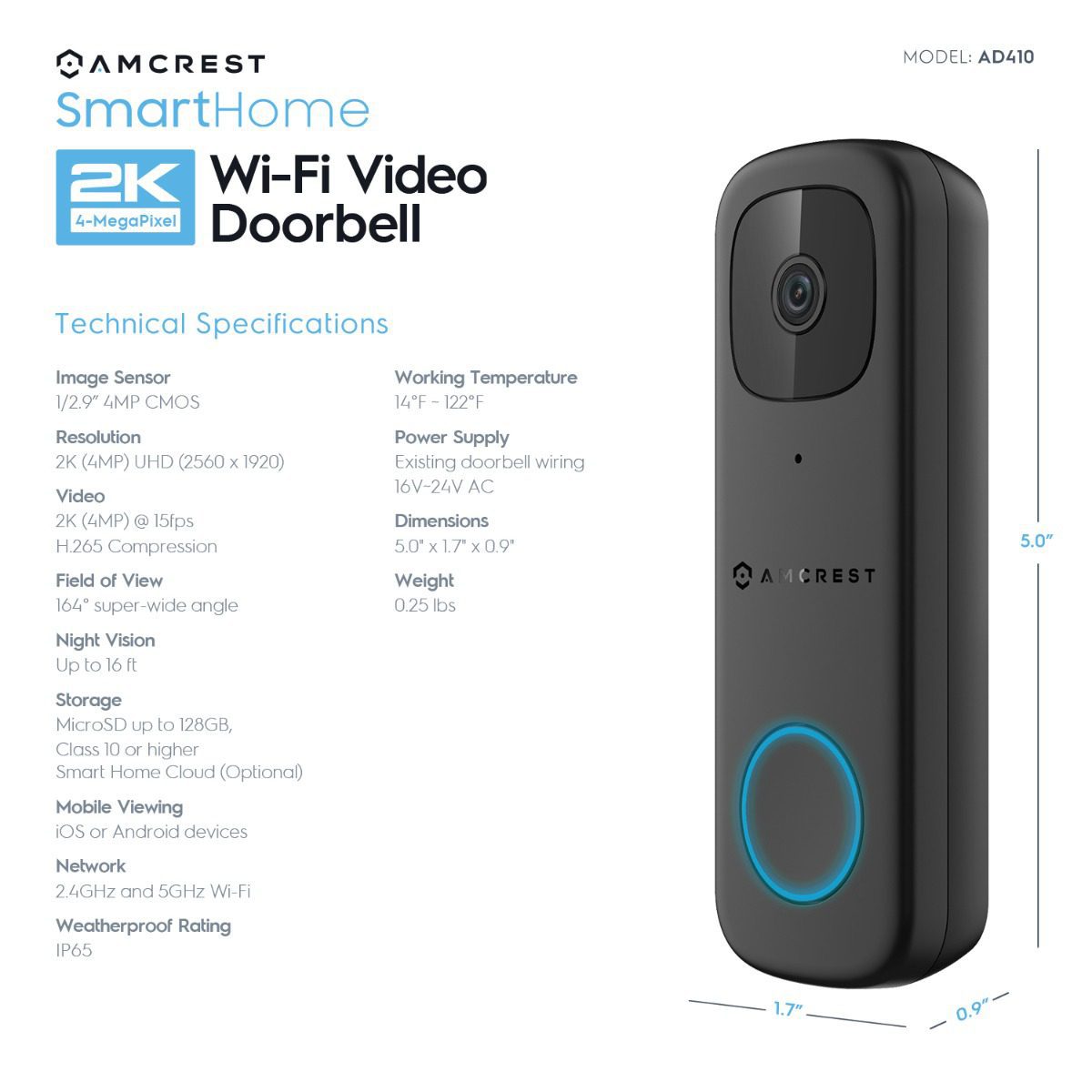 Smartwares Wi-Fi Video Doorbell with 2K resolution and night vision.
