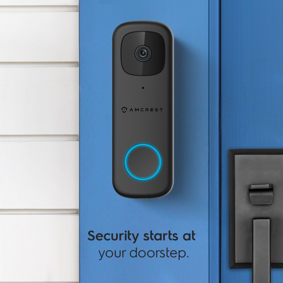 Modern smart doorbell with camera and blue button on blue door.
