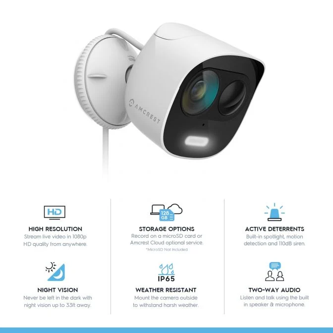 Modern white security camera with night vision and motion detection features.
