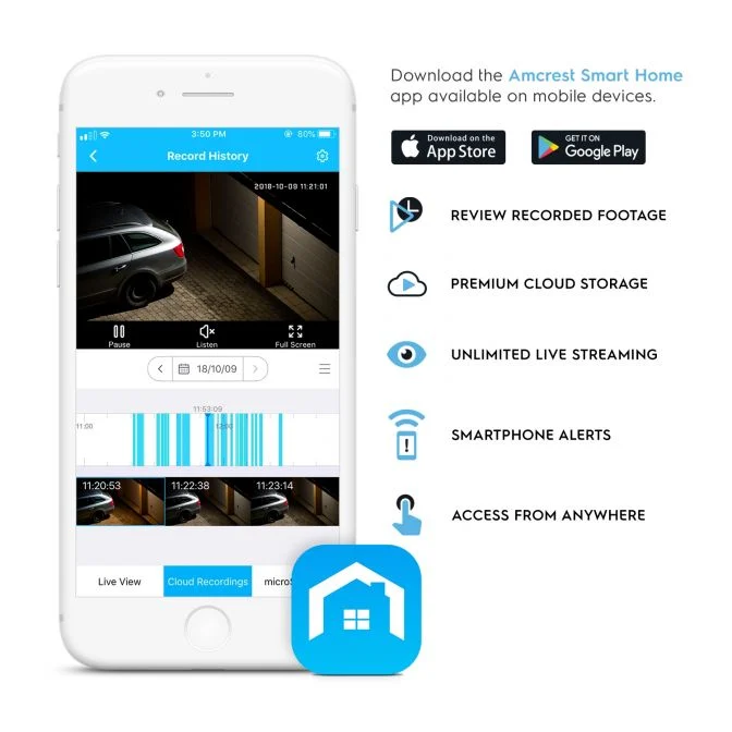 Smart home app interface showing video surveillance and control features.