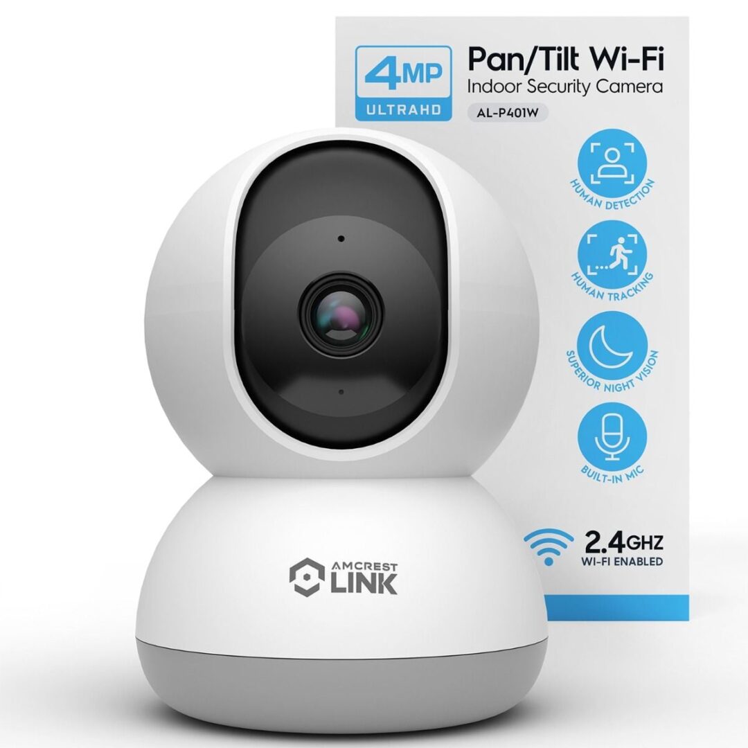 White Pan/Tilt Wi-Fi security camera with 4MP resolution and night vision.