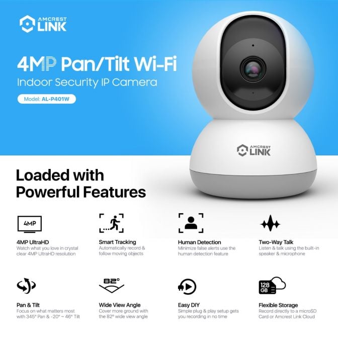 4MP Pan/Tilt Wi-Fi security camera with advanced features for home safety.